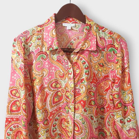 Charter Club Womens 100% Linen Floral Paisley Button Up Shirt Pink Multi Large - Picture 2 of 14